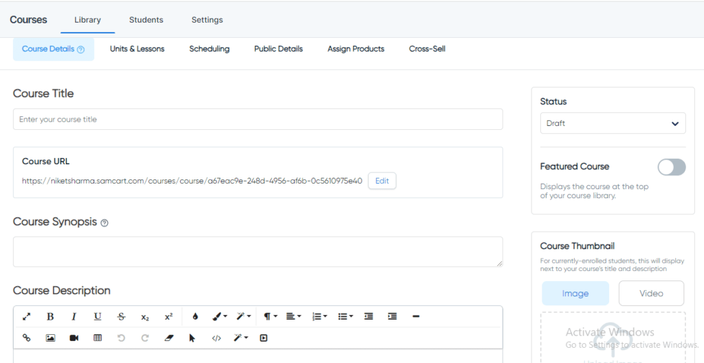 Samcart online course dashboard 