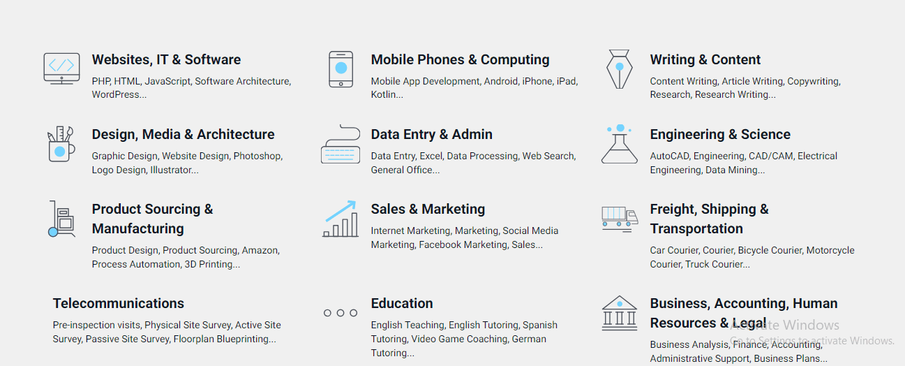 Freelancer Wide categories of jobs