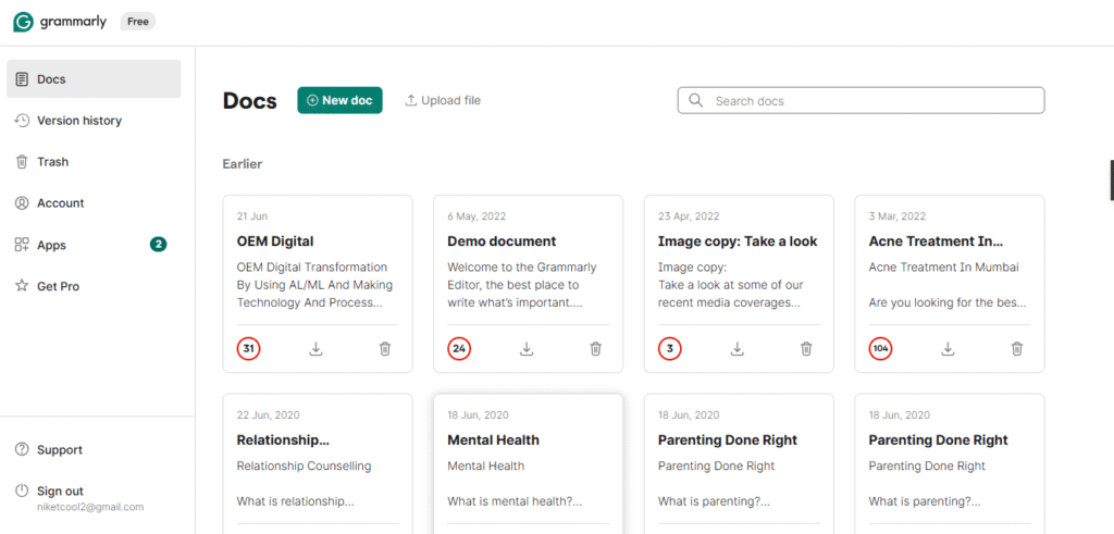 Grammarly Dashboard 