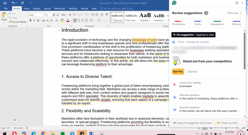 Grammarly testing in Work