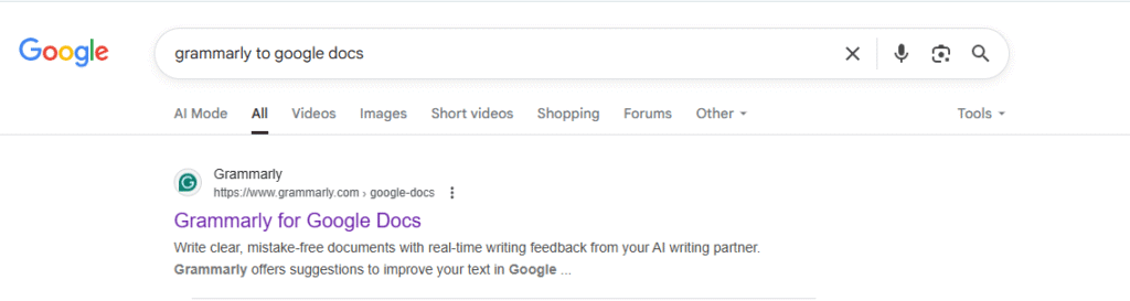 Step 1:  Type Grammarly to Google Docs" on Google.