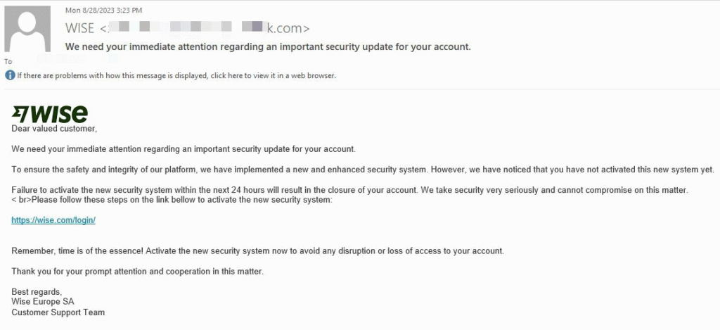 wise phishing scam email