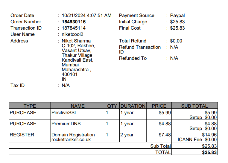 payment receipt namecheap