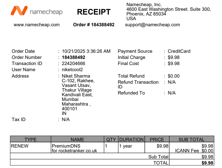 my pricing of domain with namecheap