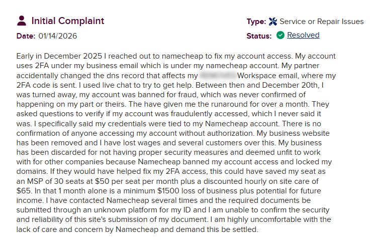 namecheap account issues