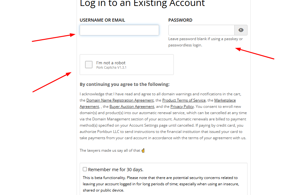 account creation on porkbun