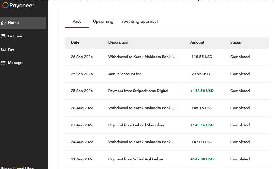 My personal payoneer account in India